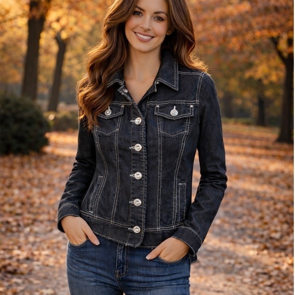 Baccini Womens M Gray Denim Jacket Rhinestone Buttons Contrast Stitch Ruffle